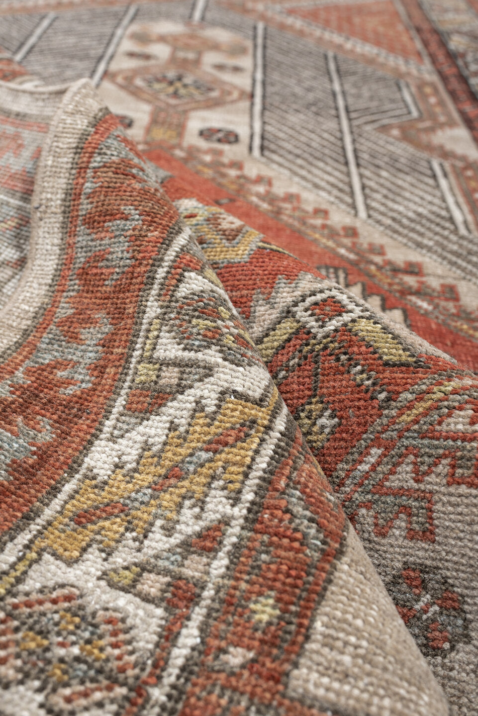 3' x 14' one-of-a-kind handmade antique Saraband runner rug. Color palette: ivory, rust, terracotta, taupe, blue gray