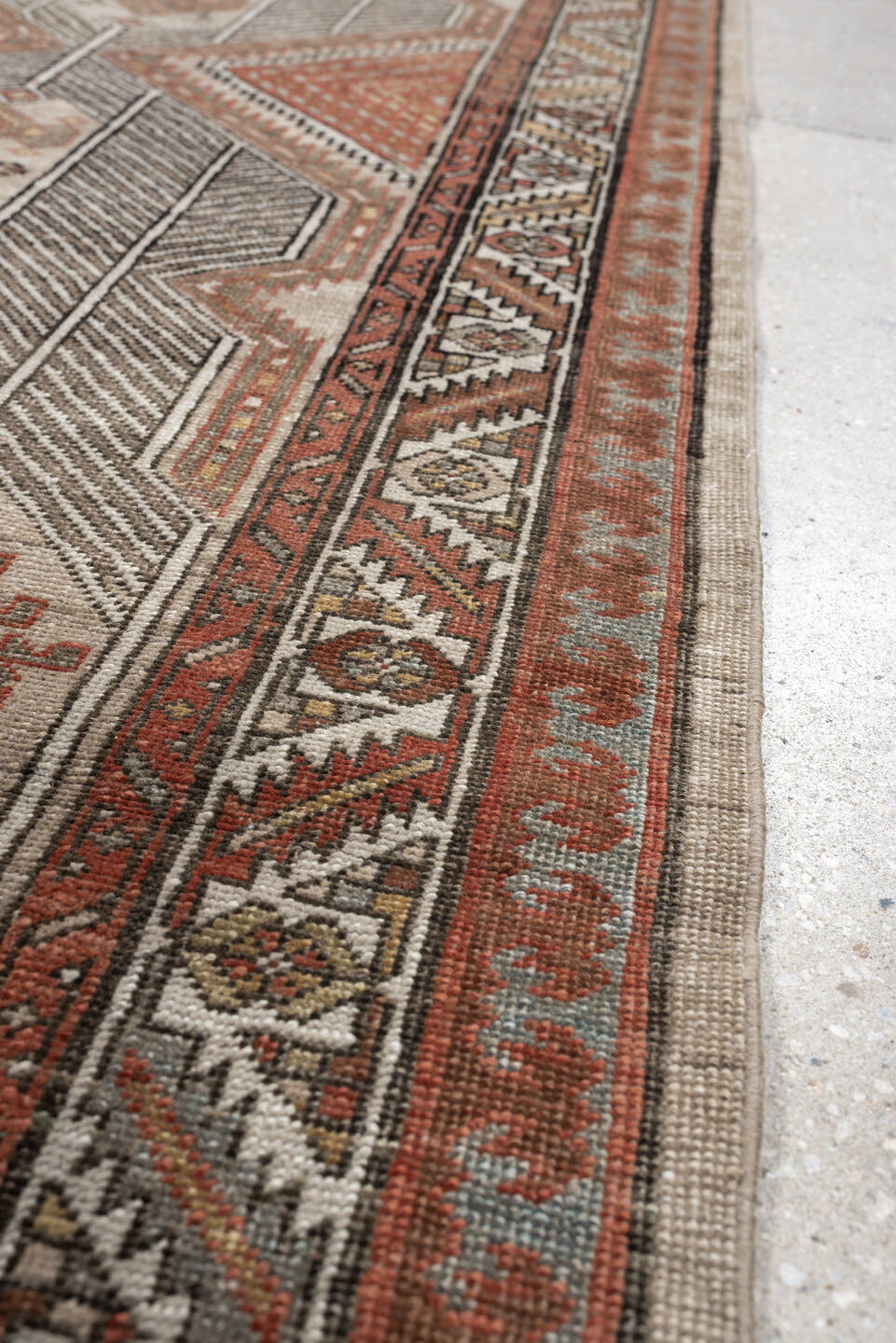 3' x 14' one-of-a-kind handmade antique Saraband runner rug. Color palette: ivory, rust, terracotta, taupe, blue gray