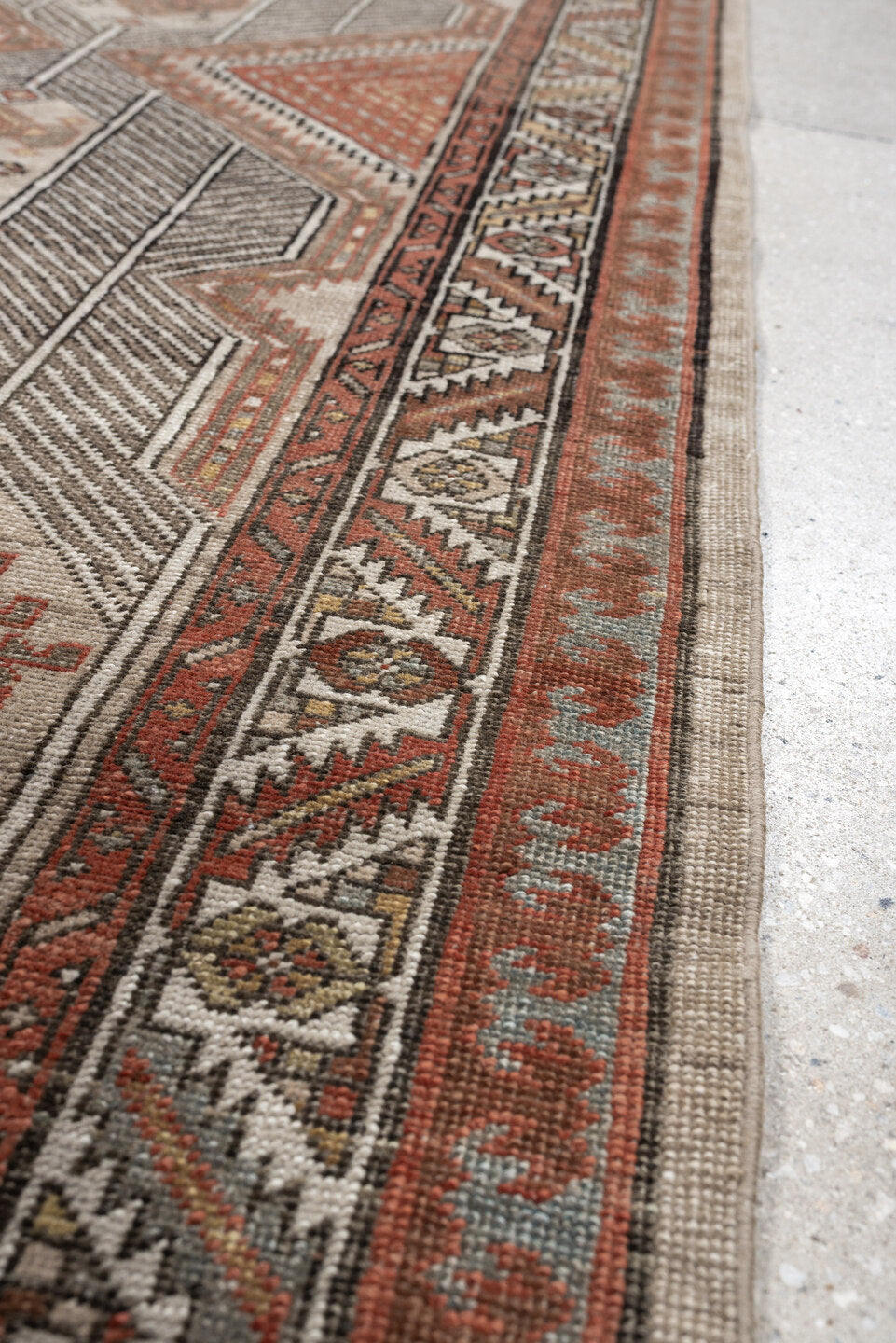 3' x 14' one-of-a-kind handmade antique Saraband runner rug. Color palette: ivory, rust, terracotta, taupe, blue gray