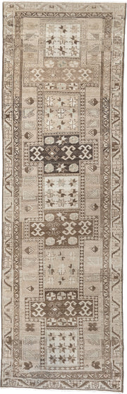 3' x 10' one-of-a-kind handmade antique Saraband runner rug. Color palette: ivory, taupe, brown, charcoal, beige, camel
