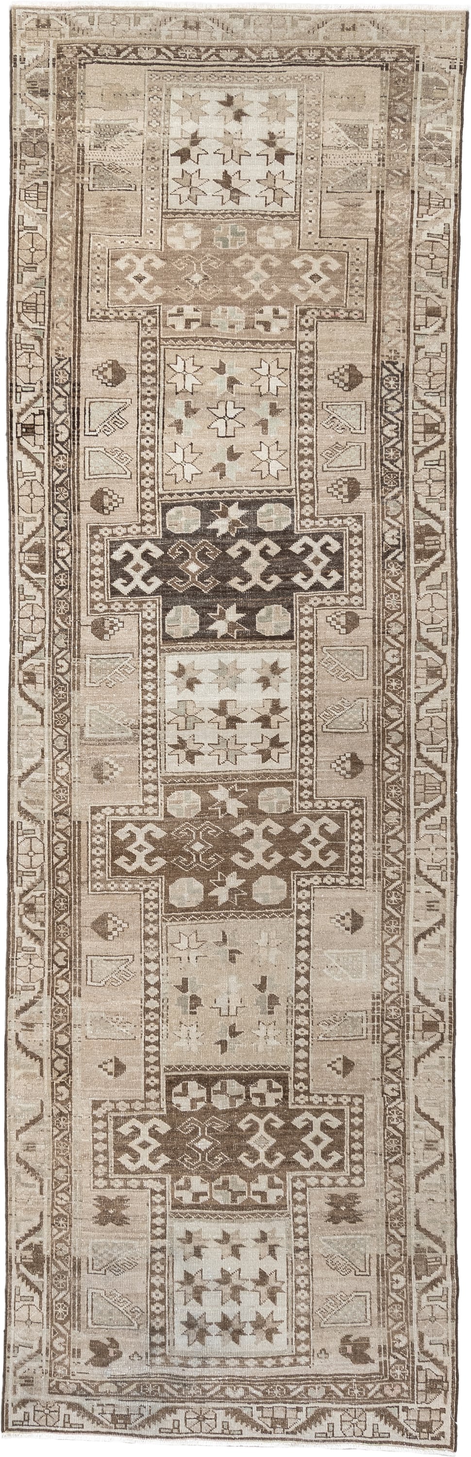 3' x 10' one-of-a-kind handmade antique Saraband runner rug. Color palette: ivory, taupe, brown, charcoal, beige, camel