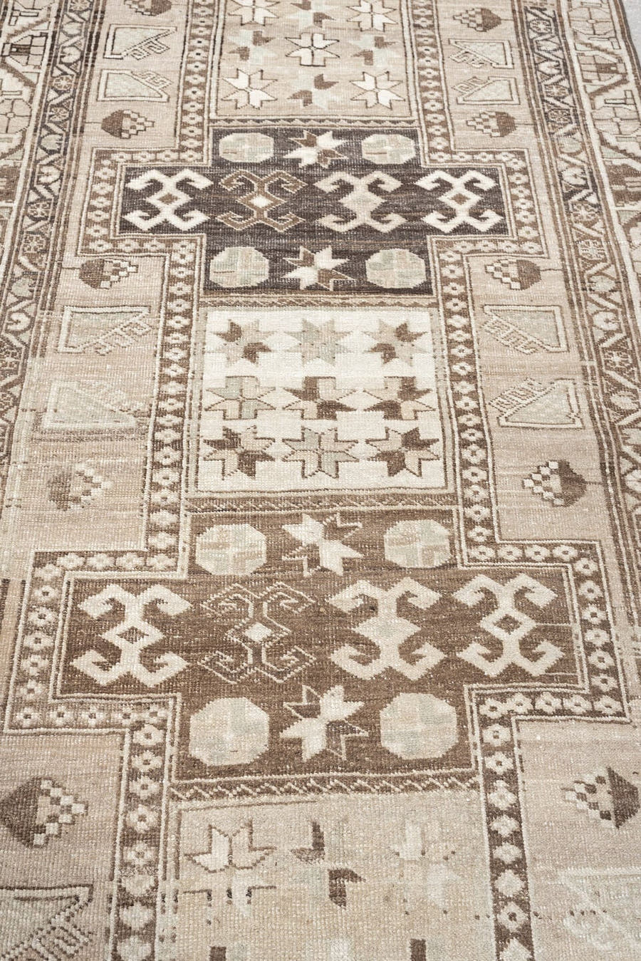 3' x 10' one-of-a-kind handmade antique Saraband runner rug. Color palette: ivory, taupe, brown, charcoal, beige, camel