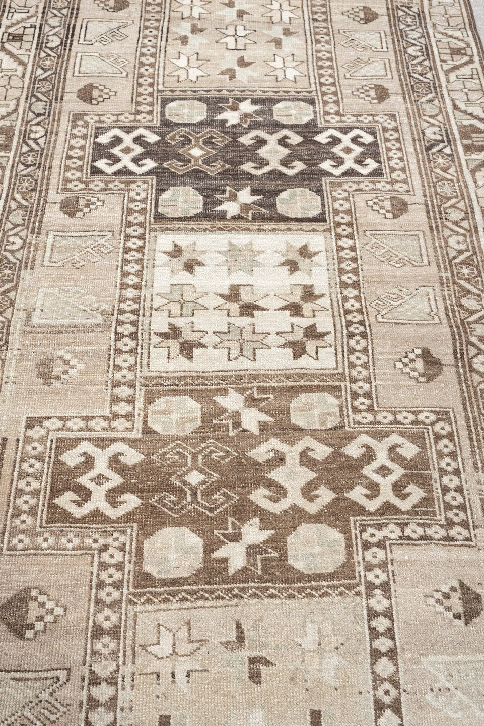 3' x 10' one-of-a-kind handmade antique Saraband runner rug. Color palette: ivory, taupe, brown, charcoal, beige, camel