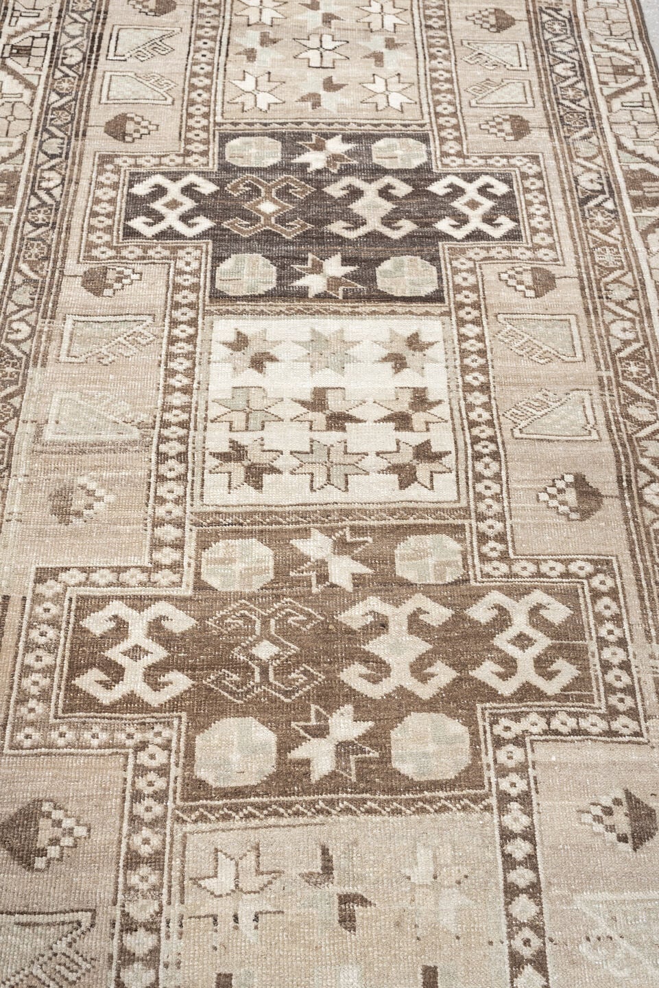 3' x 10' one-of-a-kind handmade antique Saraband runner rug. Color palette: ivory, taupe, brown, charcoal, beige, camel