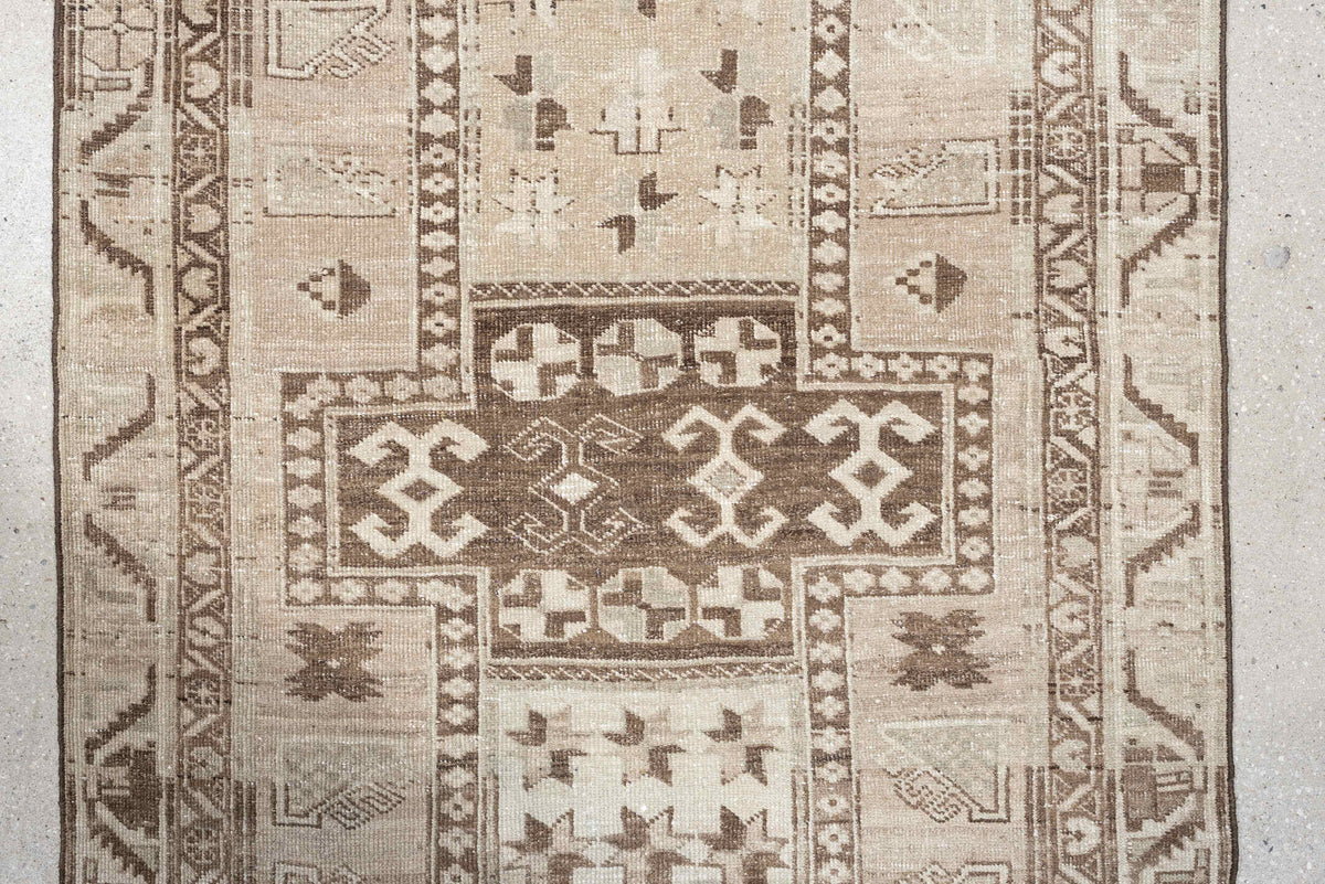 3' x 10' one-of-a-kind handmade antique Saraband runner rug. Color palette: ivory, taupe, brown, charcoal, beige, camel