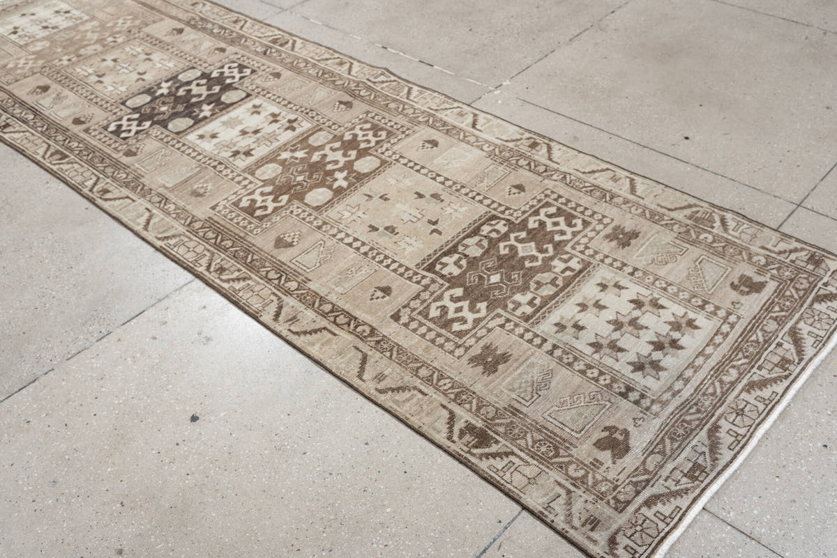 3' x 10' one-of-a-kind handmade antique Saraband runner rug. Color palette: ivory, taupe, brown, charcoal, beige, camel
