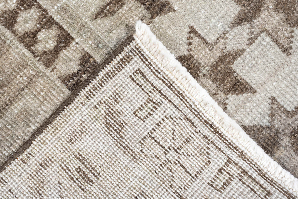 3' x 10' one-of-a-kind handmade antique Saraband runner rug. Color palette: ivory, taupe, brown, charcoal, beige, camel