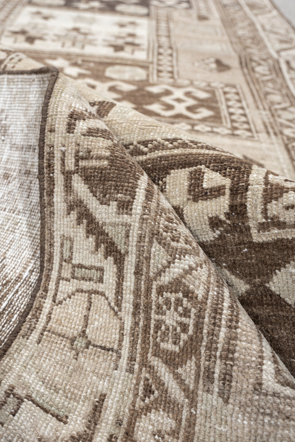 3' x 10' one-of-a-kind handmade antique Saraband runner rug. Color palette: ivory, taupe, brown, charcoal, beige, camel