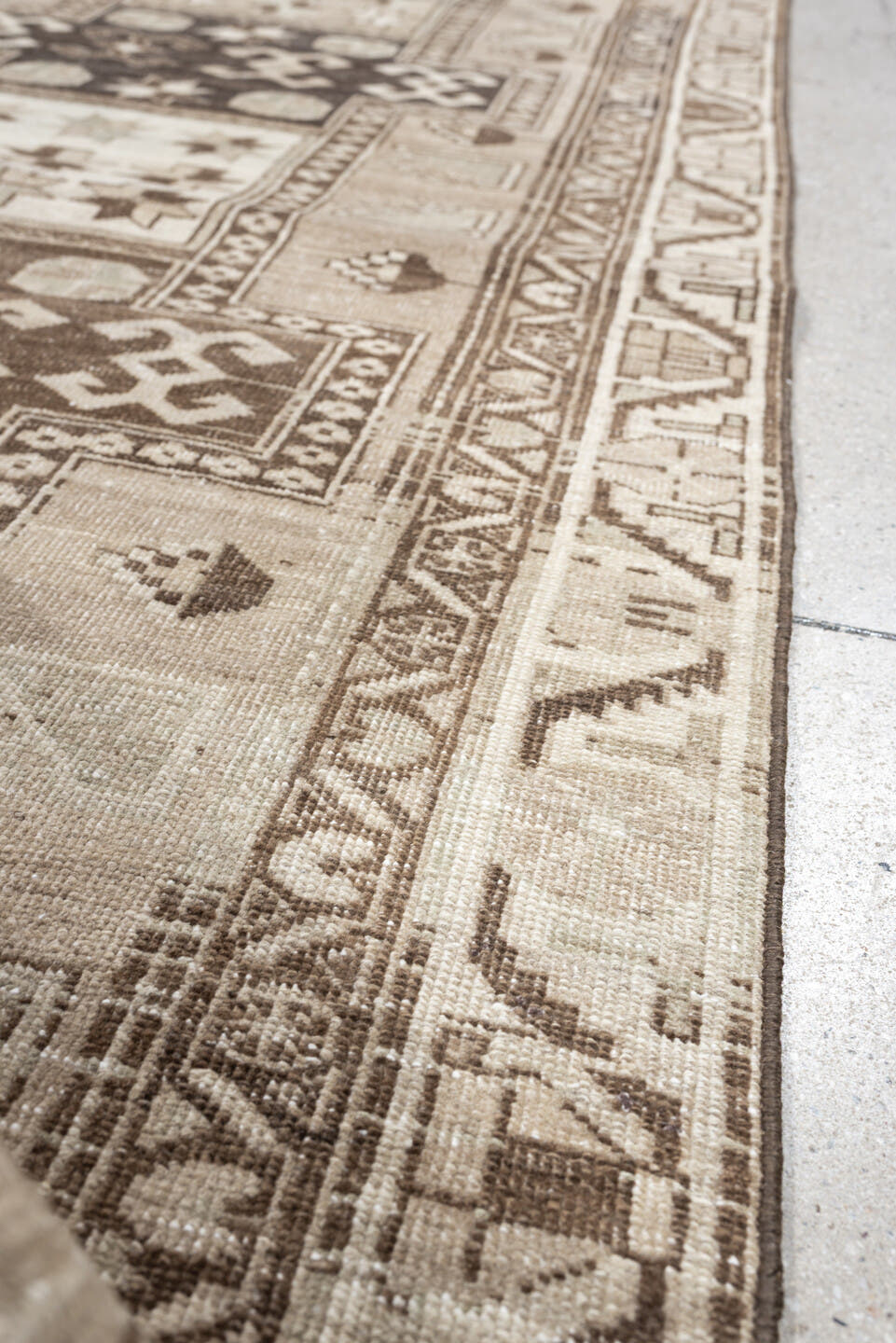 3' x 10' one-of-a-kind handmade antique Saraband runner rug. Color palette: ivory, taupe, brown, charcoal, beige, camel