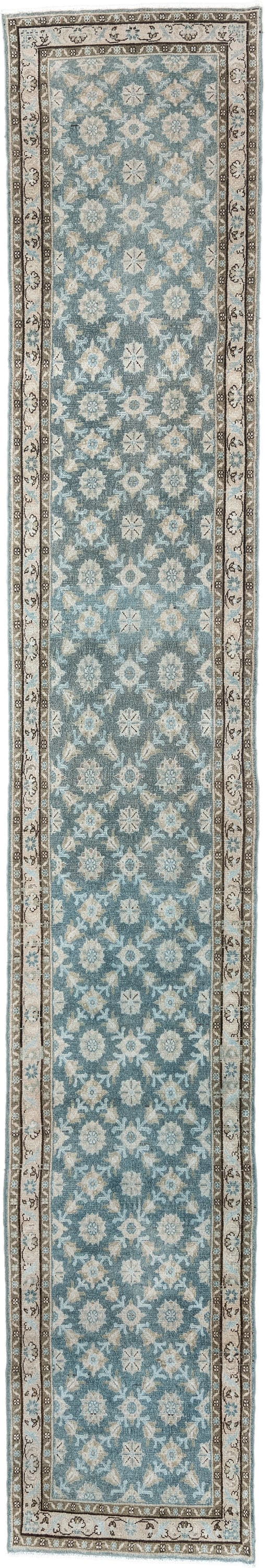 9' x 17' one-of-a-kind handmade antique Malayer rug. Color palette: blue gray, ivory, taupe, charcoal, sage, camel, gray