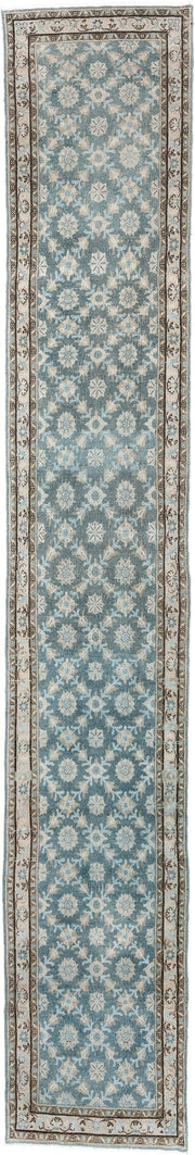 9' x 17' one-of-a-kind handmade antique Malayer rug. Color palette: blue gray, ivory, taupe, charcoal, sage, camel, gray