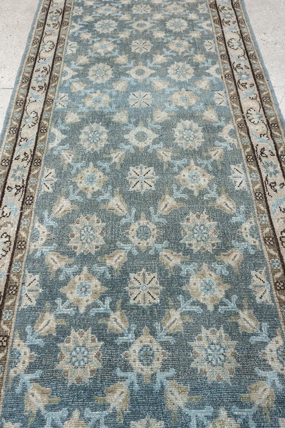 9' x 17' one-of-a-kind handmade antique Malayer rug. Color palette: blue gray, ivory, taupe, charcoal, sage, camel, gray