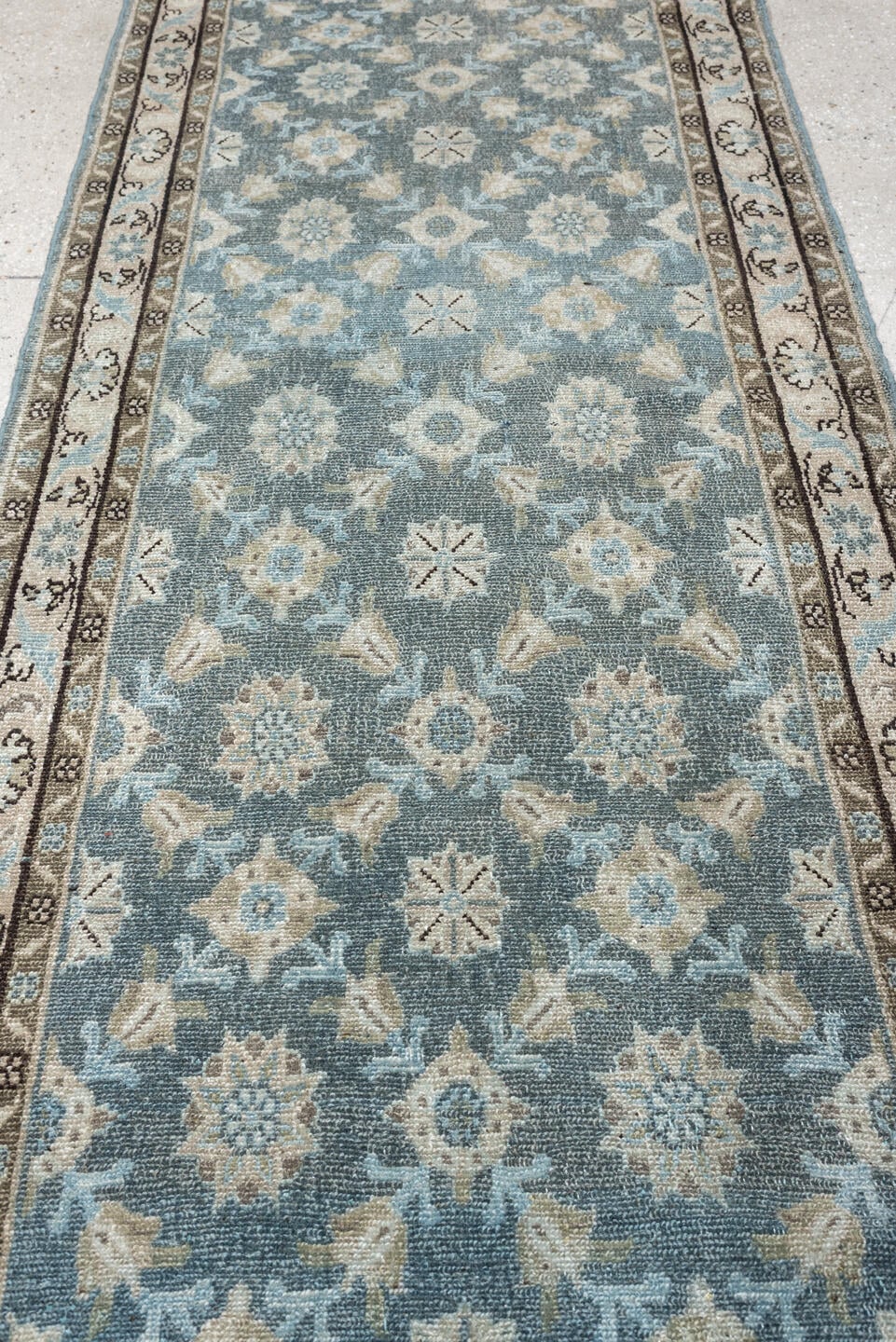 9' x 17' one-of-a-kind handmade antique Malayer rug. Color palette: blue gray, ivory, taupe, charcoal, sage, camel, gray
