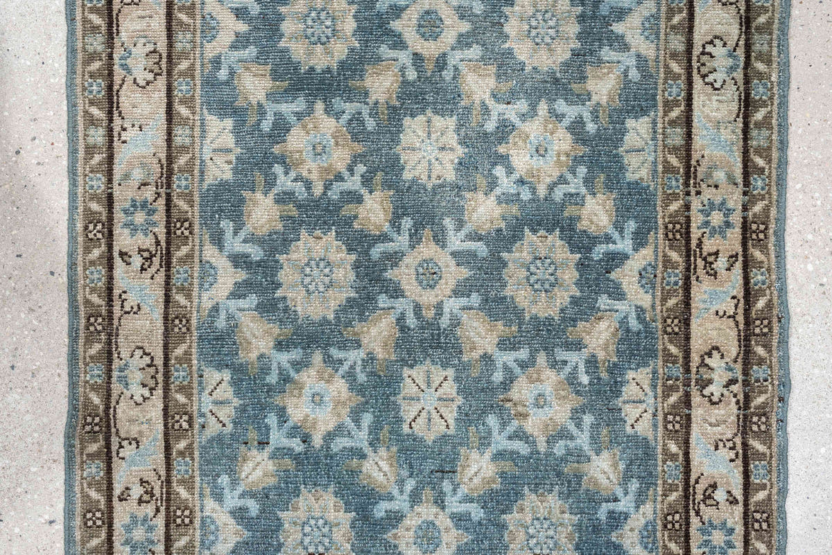 9' x 17' one-of-a-kind handmade antique Malayer rug. Color palette: blue gray, ivory, taupe, charcoal, sage, camel, gray