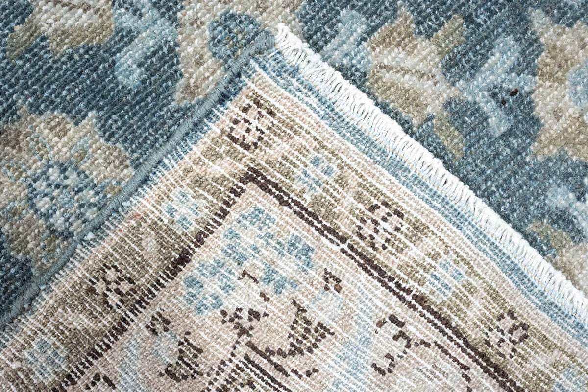 9' x 17' one-of-a-kind handmade antique Malayer rug. Color palette: blue gray, ivory, taupe, charcoal, sage, camel, gray