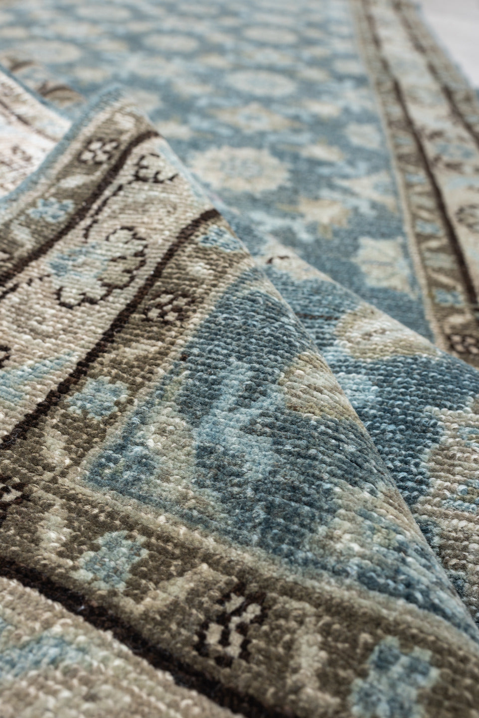 9' x 17' one-of-a-kind handmade antique Malayer rug. Color palette: blue gray, ivory, taupe, charcoal, sage, camel, gray