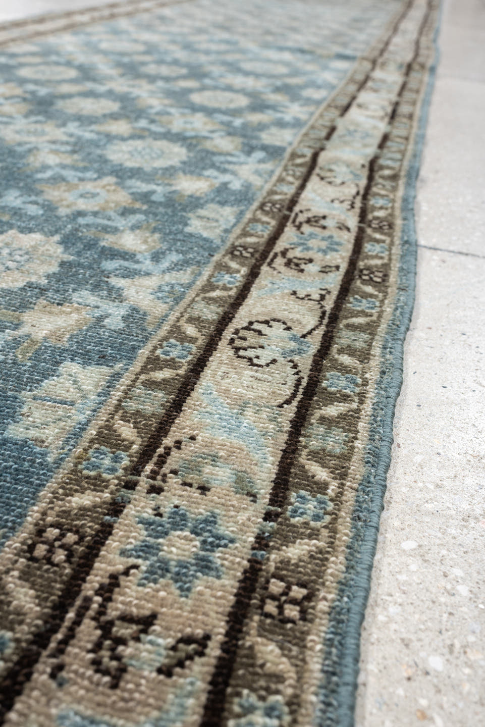9' x 17' one-of-a-kind handmade antique Malayer rug. Color palette: blue gray, ivory, taupe, charcoal, sage, camel, gray