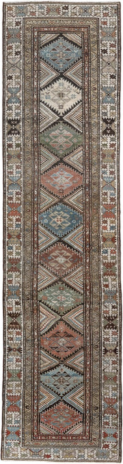 3' x 13' one-of-a-kind handmade antique NW Persian runner rug. Color palette: ivory, taupe, brown, slate blue, sage, rust