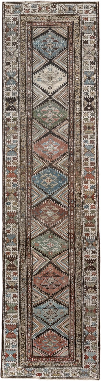 3' x 13' one-of-a-kind handmade antique NW Persian runner rug. Color palette: ivory, taupe, brown, slate blue, sage, rust
