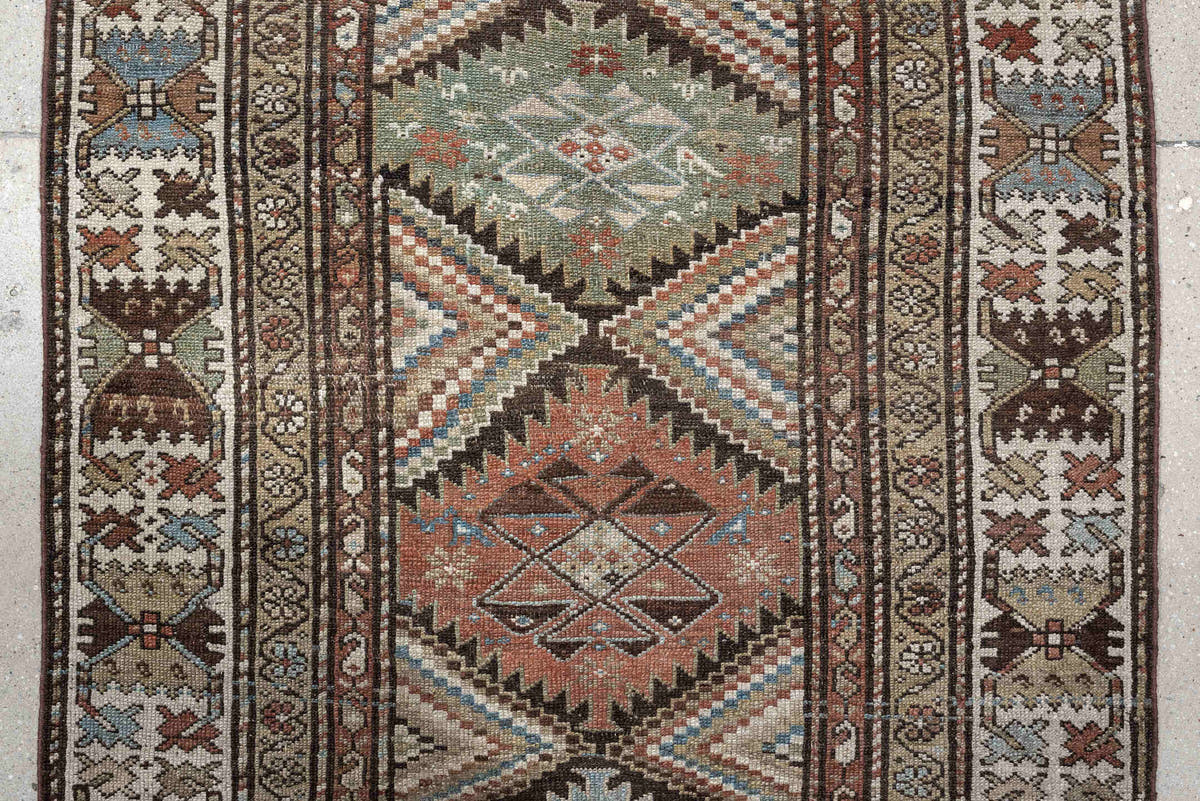 3' x 13' one-of-a-kind handmade antique NW Persian runner rug. Color palette: ivory, taupe, brown, slate blue, sage, rust