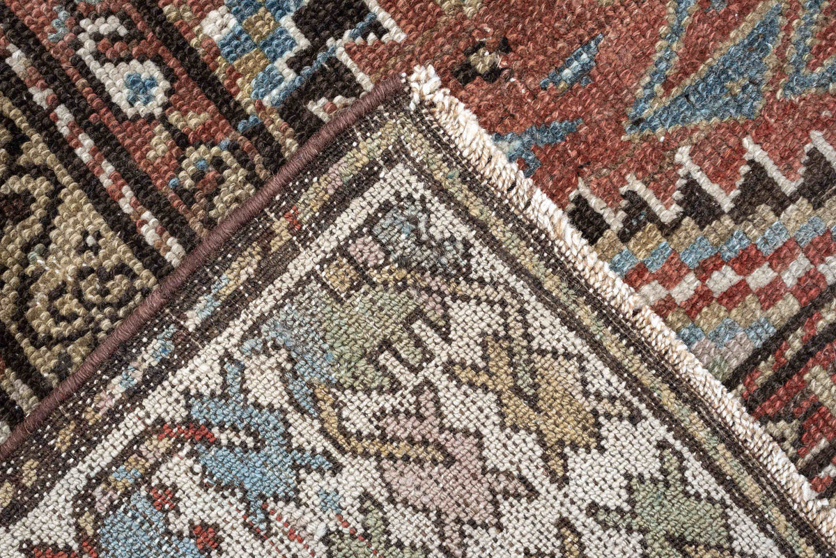 3' x 13' one-of-a-kind handmade antique NW Persian runner rug. Color palette: ivory, taupe, brown, slate blue, sage, rust