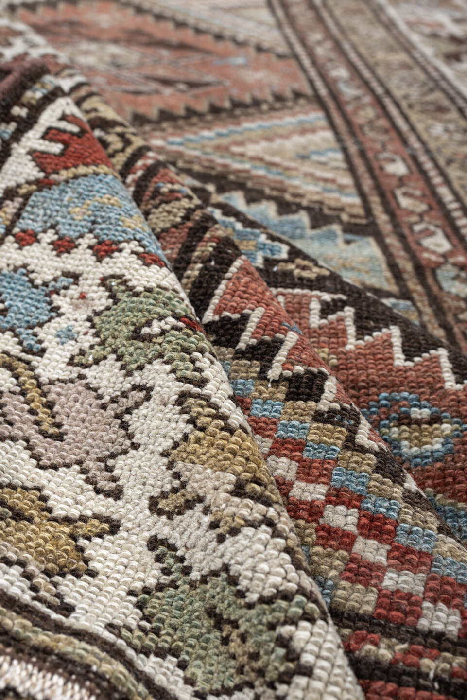 3' x 13' one-of-a-kind handmade antique NW Persian runner rug. Color palette: ivory, taupe, brown, slate blue, sage, rust