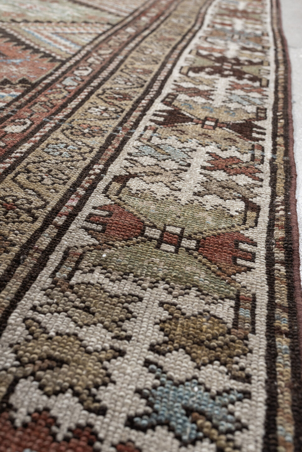 3' x 13' one-of-a-kind handmade antique NW Persian runner rug. Color palette: ivory, taupe, brown, slate blue, sage, rust