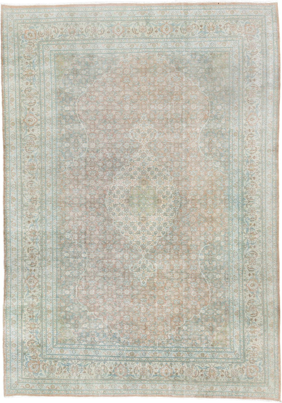 8' x 11' one-of-a-kind handmade antique Tabriz large size rug. Color palette: aqua, ivory, rose, sage, taupe, tan, pewter