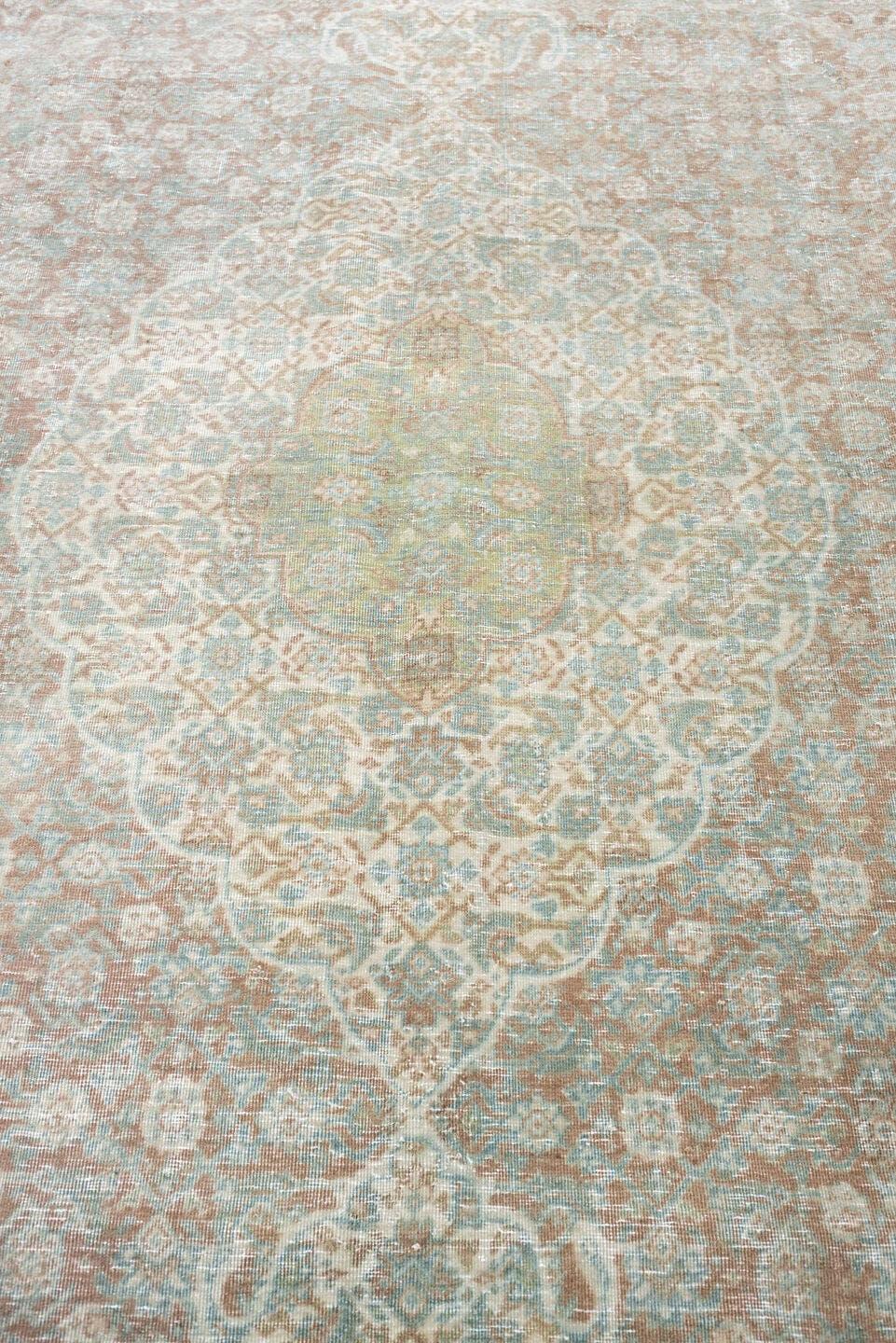 8' x 11' one-of-a-kind handmade antique Tabriz large size rug. Color palette: aqua, ivory, rose, sage, taupe, tan, pewter