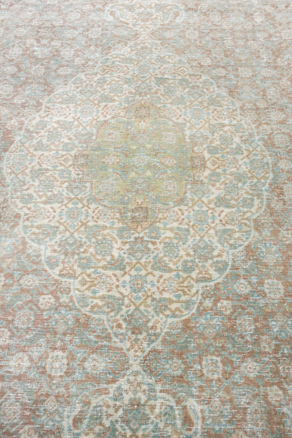 8' x 11' one-of-a-kind handmade antique Tabriz large size rug. Color palette: aqua, ivory, rose, sage, taupe, tan, pewter