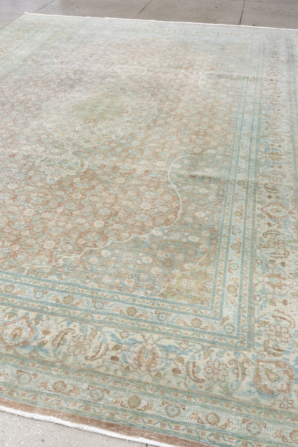 8' x 11' one-of-a-kind handmade antique Tabriz large size rug. Color palette: aqua, ivory, rose, sage, taupe, tan, pewter