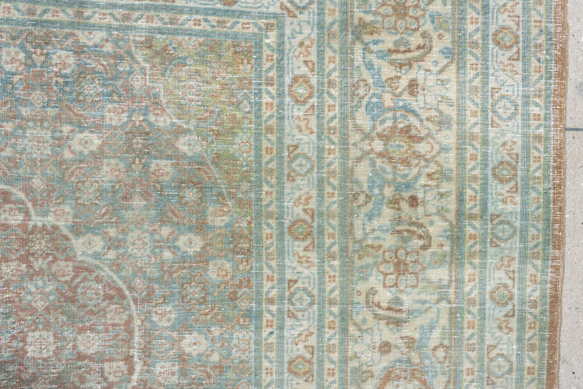 8' x 11' one-of-a-kind handmade antique Tabriz large size rug. Color palette: aqua, ivory, rose, sage, taupe, tan, pewter