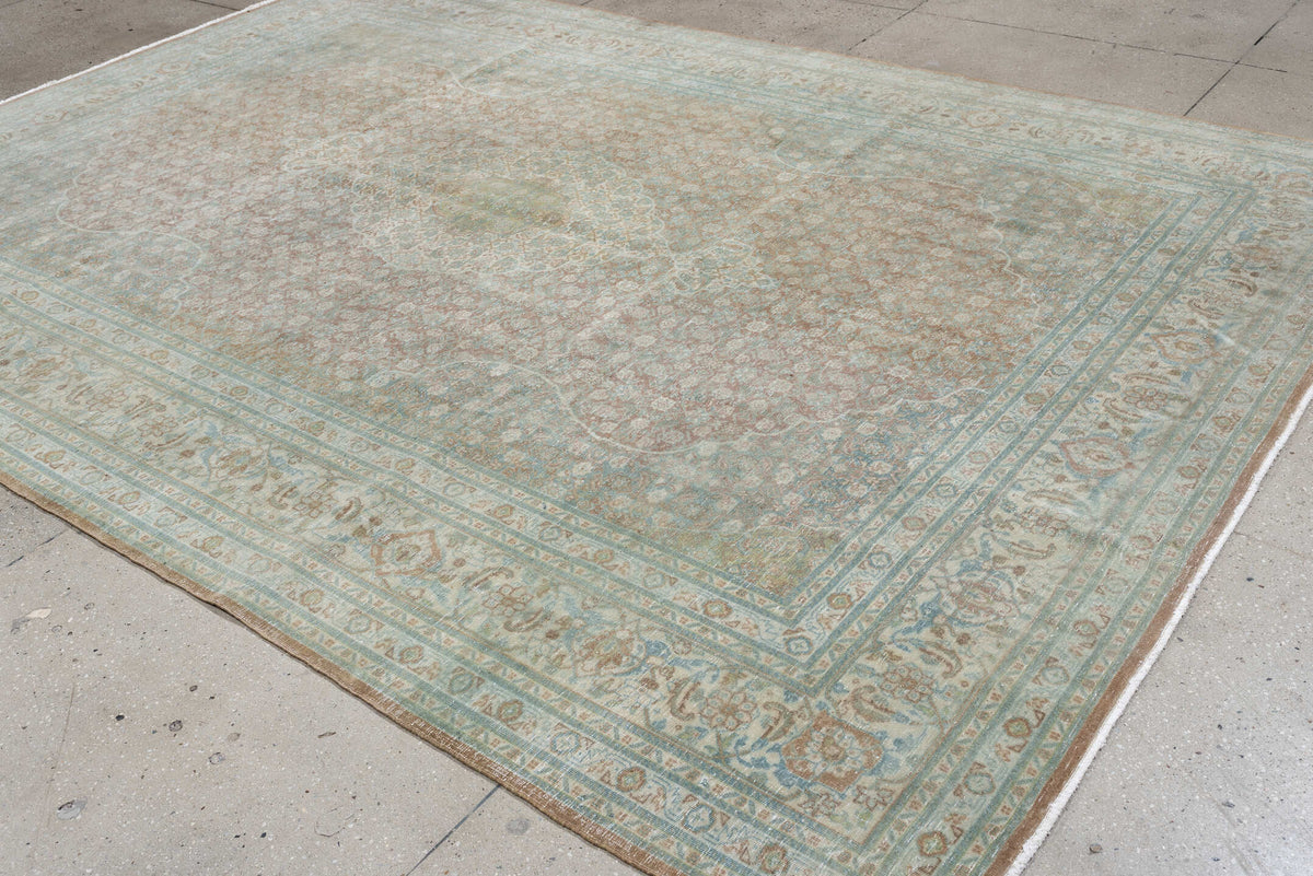 8' x 11' one-of-a-kind handmade antique Tabriz large size rug. Color palette: aqua, ivory, rose, sage, taupe, tan, pewter