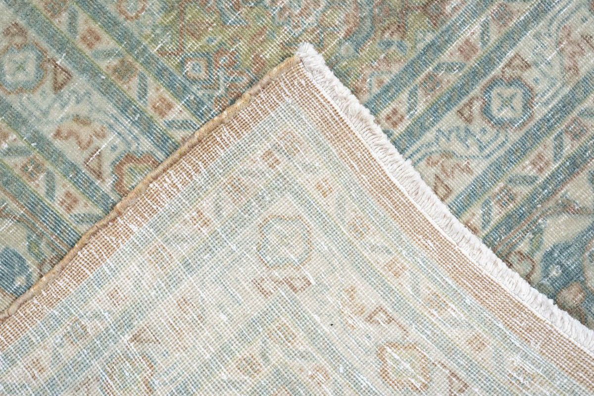 8' x 11' one-of-a-kind handmade antique Tabriz large size rug. Color palette: aqua, ivory, rose, sage, taupe, tan, pewter
