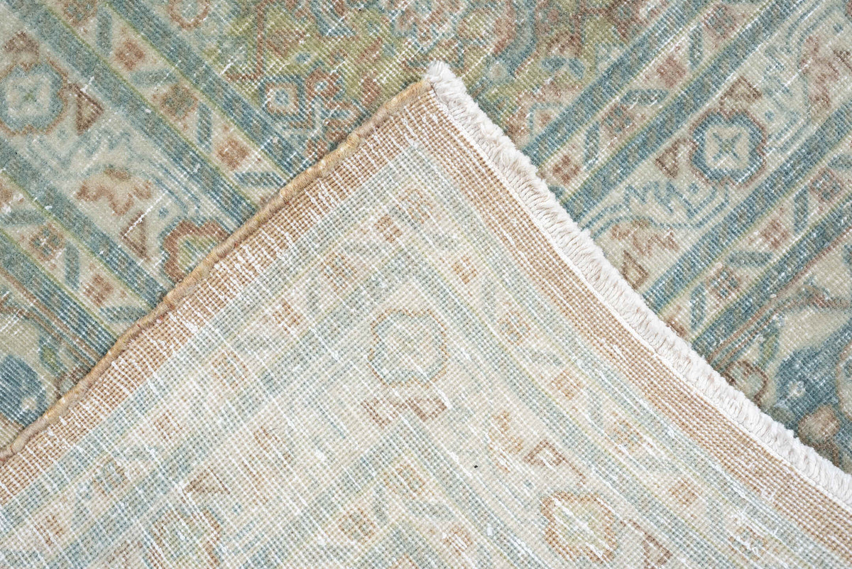 8' x 11' one-of-a-kind handmade antique Tabriz large size rug. Color palette: aqua, ivory, rose, sage, taupe, tan, pewter