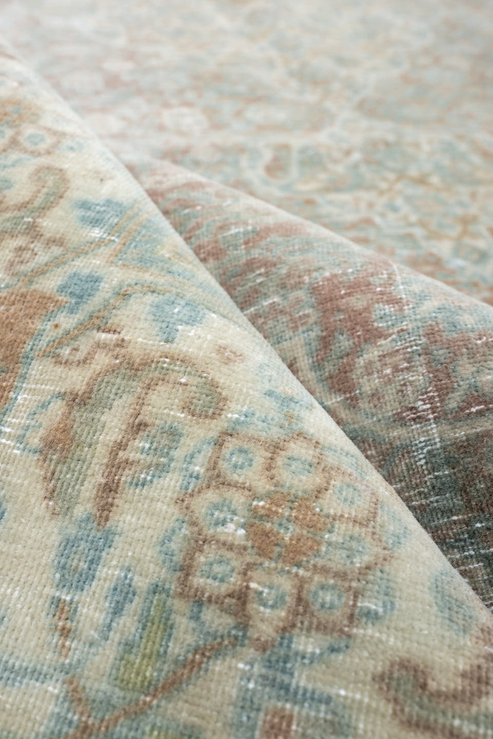 8' x 11' one-of-a-kind handmade antique Tabriz large size rug. Color palette: aqua, ivory, rose, sage, taupe, tan, pewter