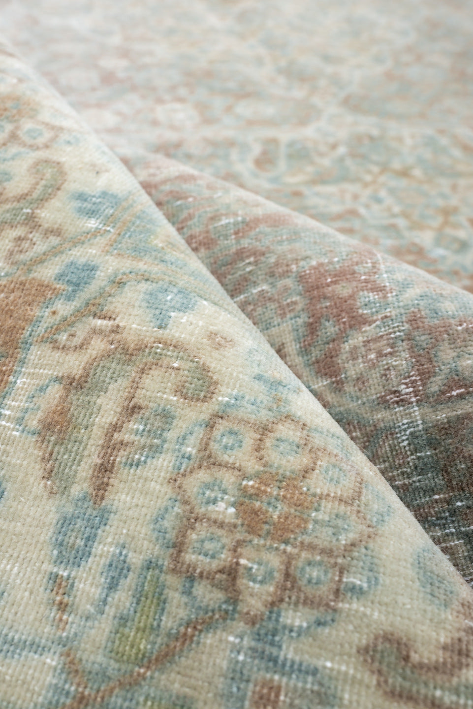 8' x 11' one-of-a-kind handmade antique Tabriz large size rug. Color palette: aqua, ivory, rose, sage, taupe, tan, pewter
