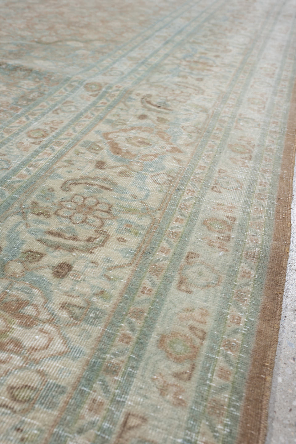 8' x 11' one-of-a-kind handmade antique Tabriz large size rug. Color palette: aqua, ivory, rose, sage, taupe, tan, pewter