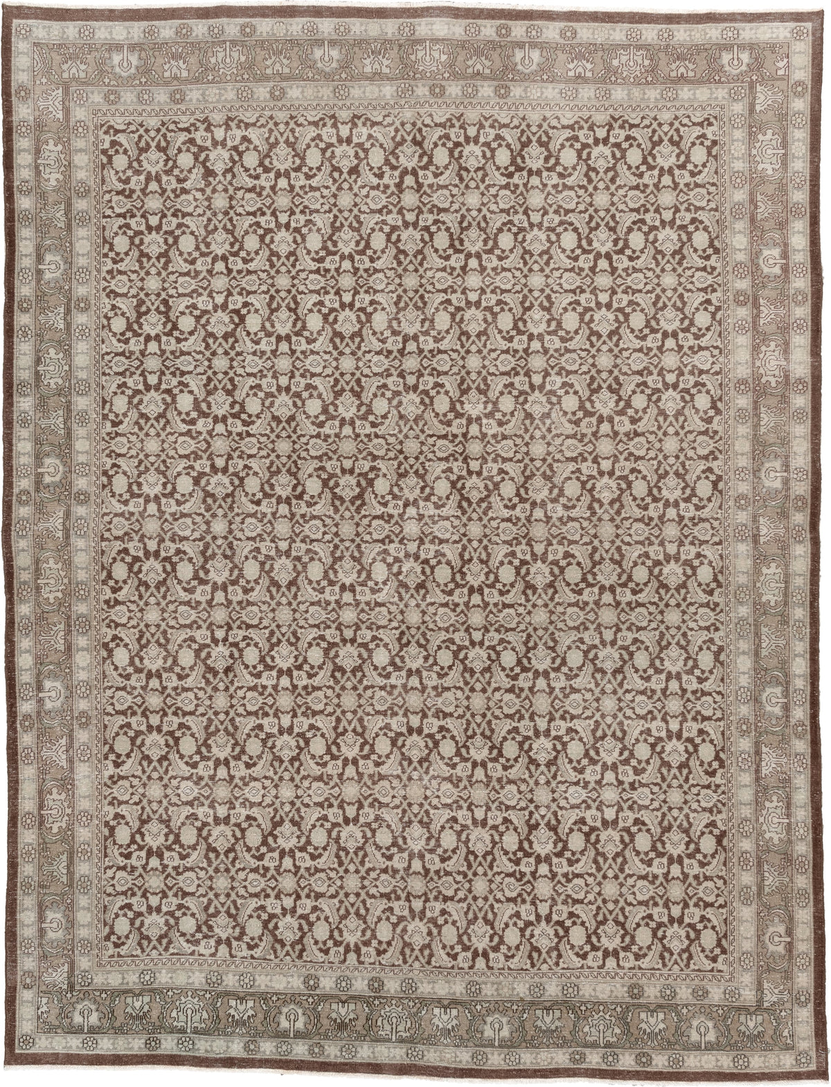5' x 7' one-of-a-kind handmade antique Tabriz medium size rug. Color palette: ivory, taupe, warm brown, mushroom, beige