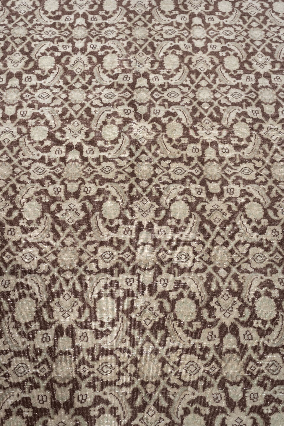 5' x 7' one-of-a-kind handmade antique Tabriz medium size rug. Color palette: ivory, taupe, warm brown, mushroom, beige