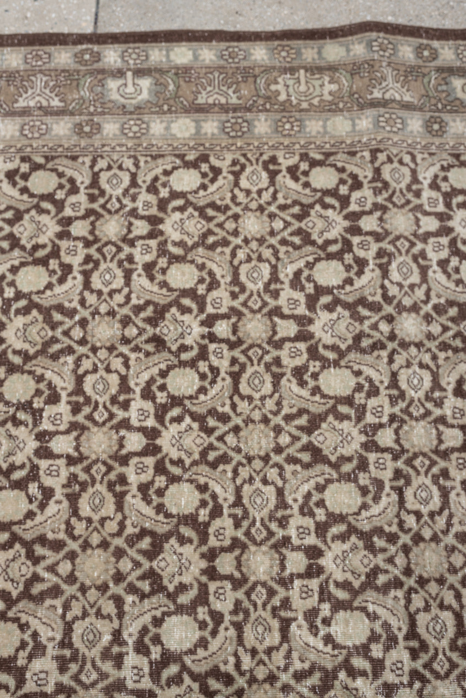5' x 7' one-of-a-kind handmade antique Tabriz medium size rug. Color palette: ivory, taupe, warm brown, mushroom, beige