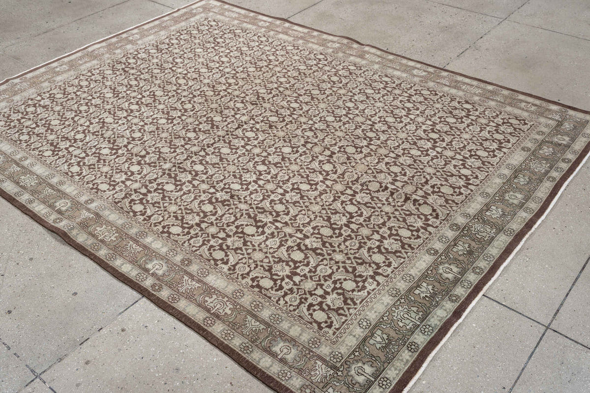 5' x 7' one-of-a-kind handmade antique Tabriz medium size rug. Color palette: ivory, taupe, warm brown, mushroom, beige