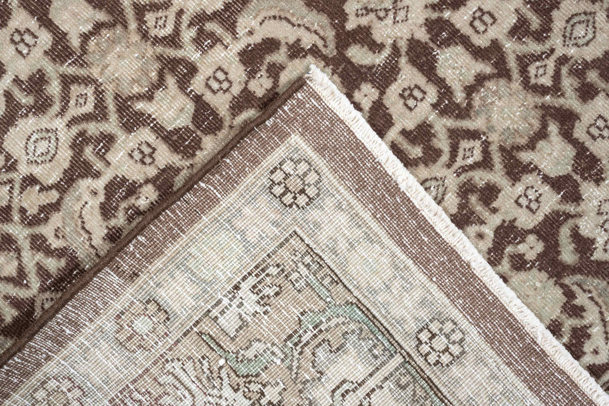 5' x 7' one-of-a-kind handmade antique Tabriz medium size rug. Color palette: ivory, taupe, warm brown, mushroom, beige