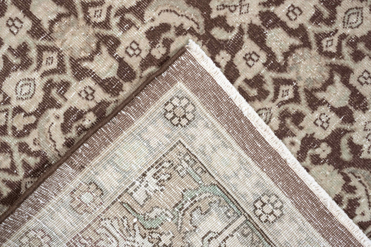 5' x 7' one-of-a-kind handmade antique Tabriz medium size rug. Color palette: ivory, taupe, warm brown, mushroom, beige