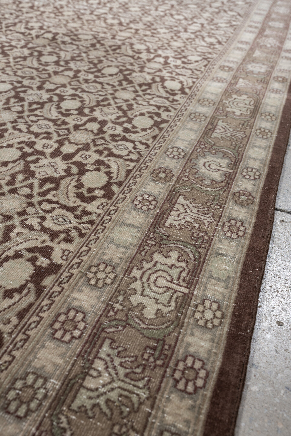 5' x 7' one-of-a-kind handmade antique Tabriz medium size rug. Color palette: ivory, taupe, warm brown, mushroom, beige