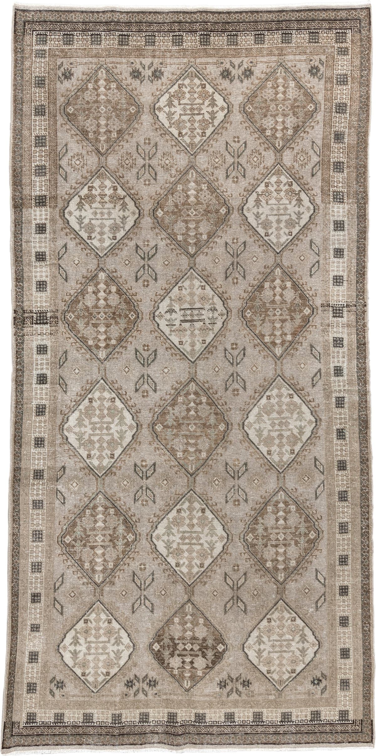 5' x 11' one-of-a-kind handmade antique Ardebil large size rug. Color palette: taupe, ivory, brown, charcoal, beige, camel