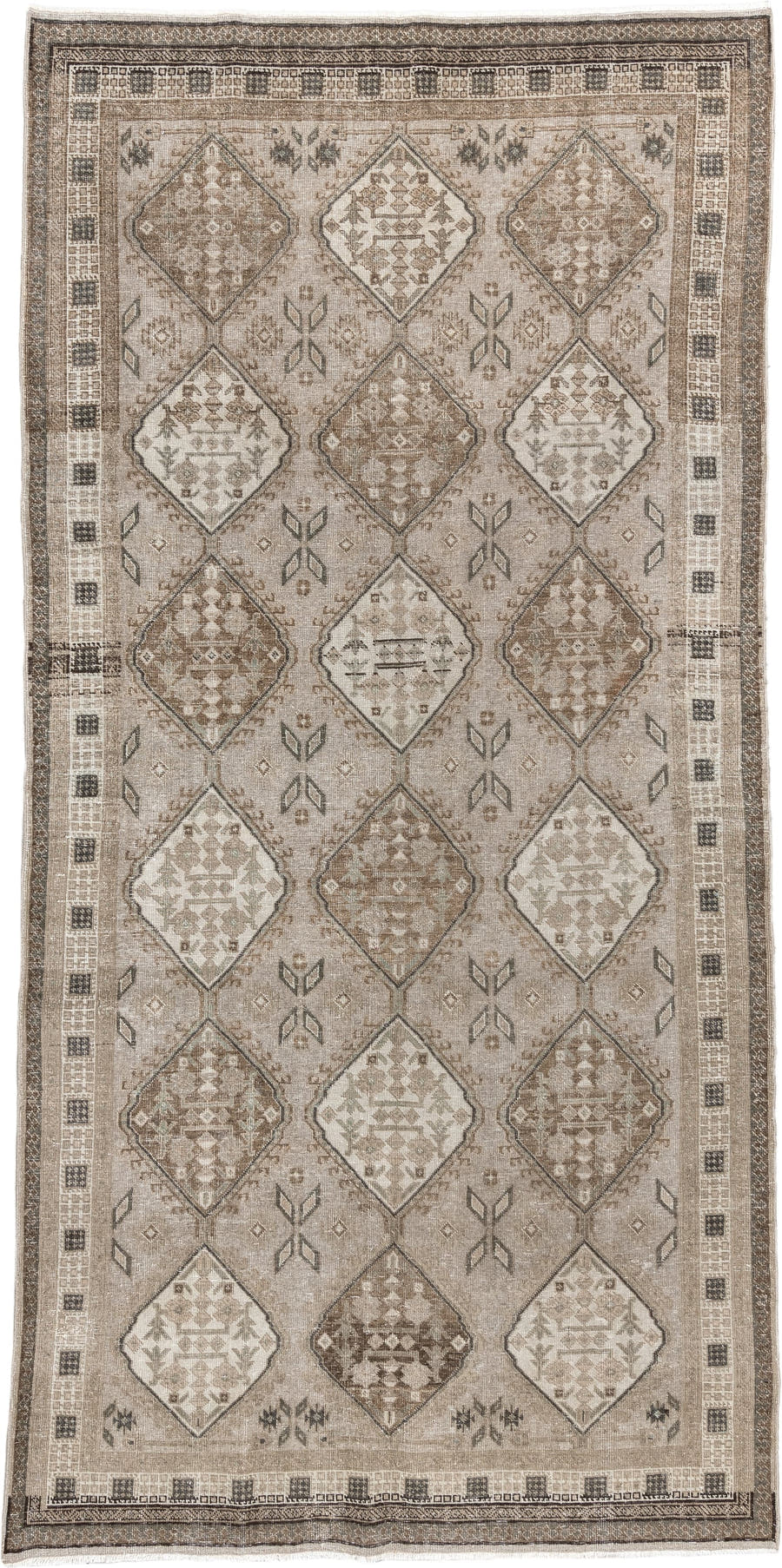 5' x 11' one-of-a-kind handmade antique Ardebil large size rug. Color palette: taupe, ivory, brown, charcoal, beige, camel