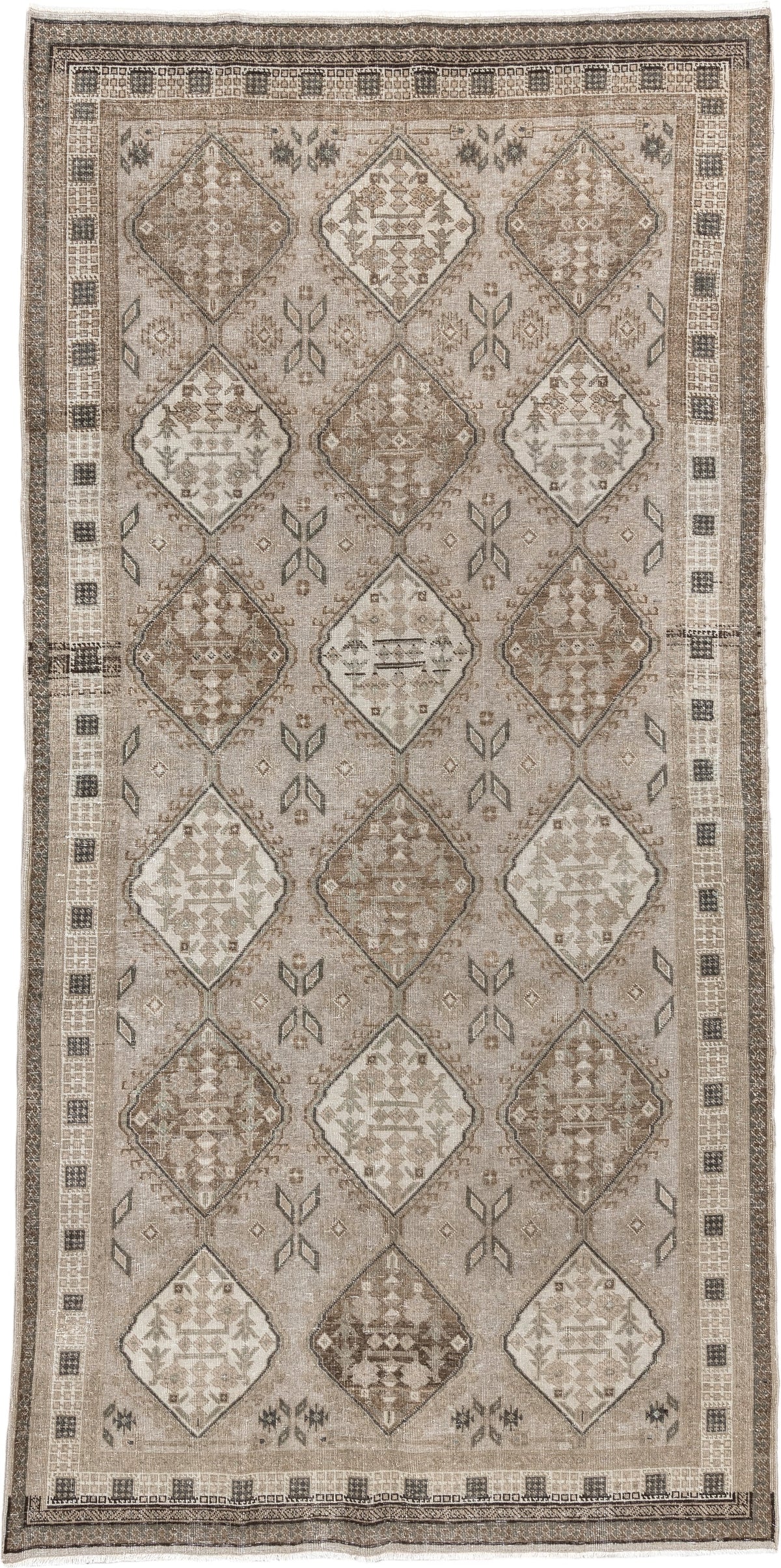 5' x 11' one-of-a-kind handmade antique Ardebil large size rug. Color palette: taupe, ivory, brown, charcoal, beige, camel