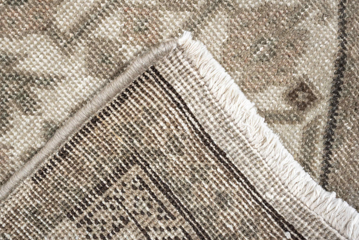 5' x 11' one-of-a-kind handmade antique Ardebil large size rug. Color palette: taupe, ivory, brown, charcoal, beige, camel