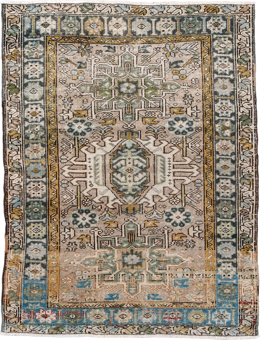 3' x 4' one-of-a-kind handmade antique Karaje small size rug. Color palette: ivory, sage, teal, sky blue, ochre, taupe